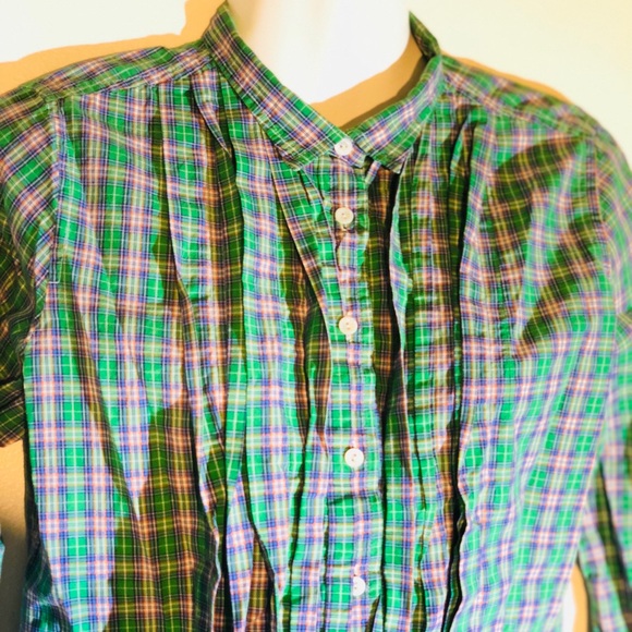 J Crew Gr/Bl plaid ruffle front buttondown size sm - Picture 2 of 8